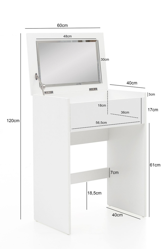 Coiffeuse 60x81x40 cm Console Blanche Bois Moderne, Table de Cosmétique avec Tabouret et Miroir, Coiffeuse Blanche avec Compartiment Pliant_03