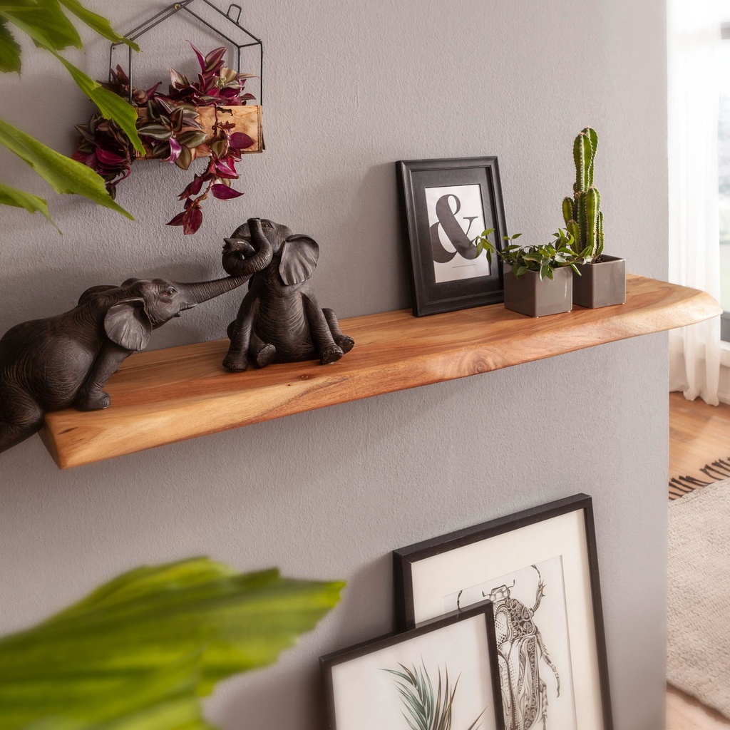 Étagère murale avec bordure en bois d'acacia massif 80 cm, bois massif naturel, style maison de campagne_01