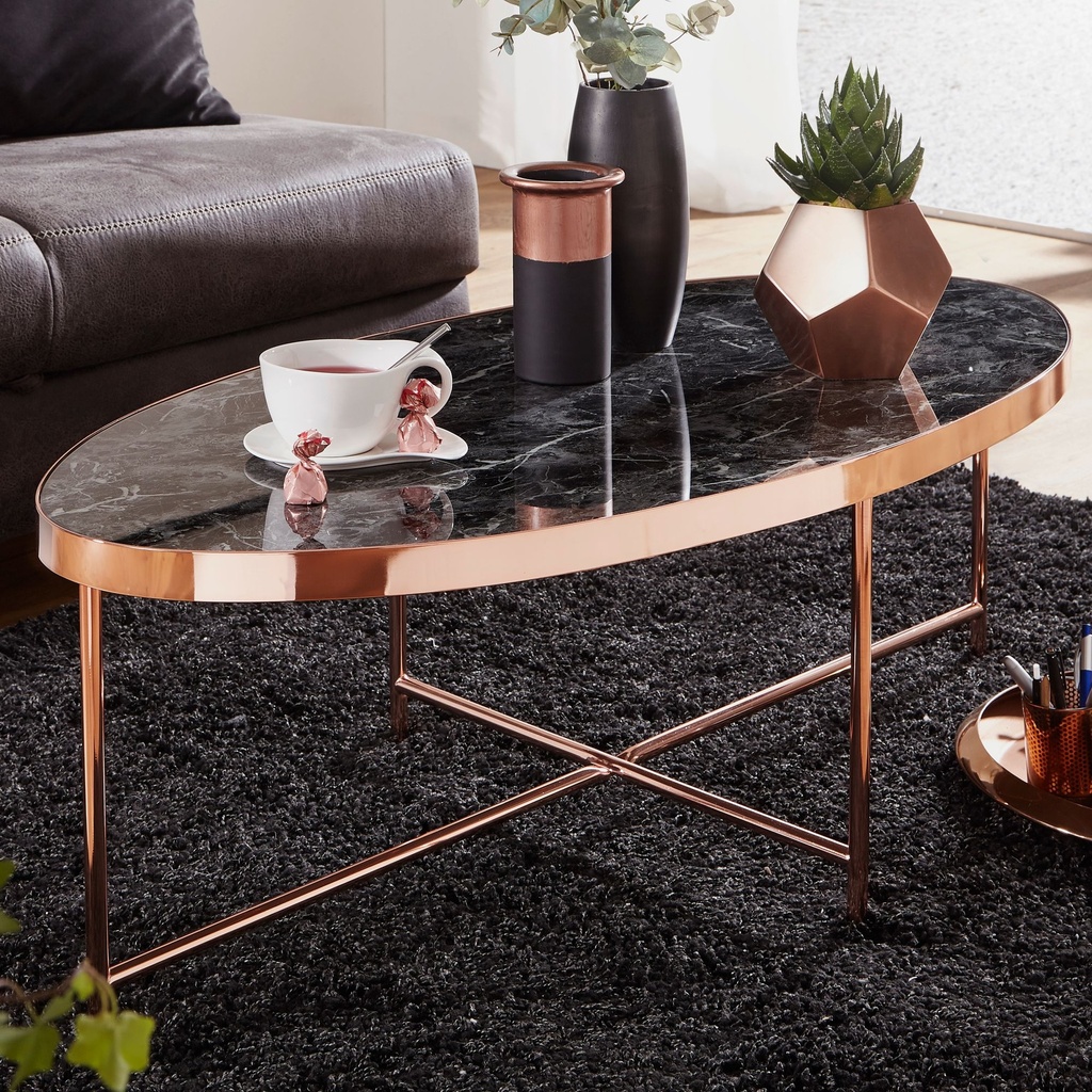 Design table basse aspect marbre noir - ovale 110 x 56 cm avec structure en métal cuivré_01