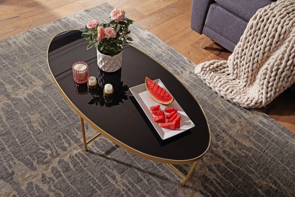 Table basse Design en verre noir - ovale 110 x 56 cm avec cadre en métal doré_04