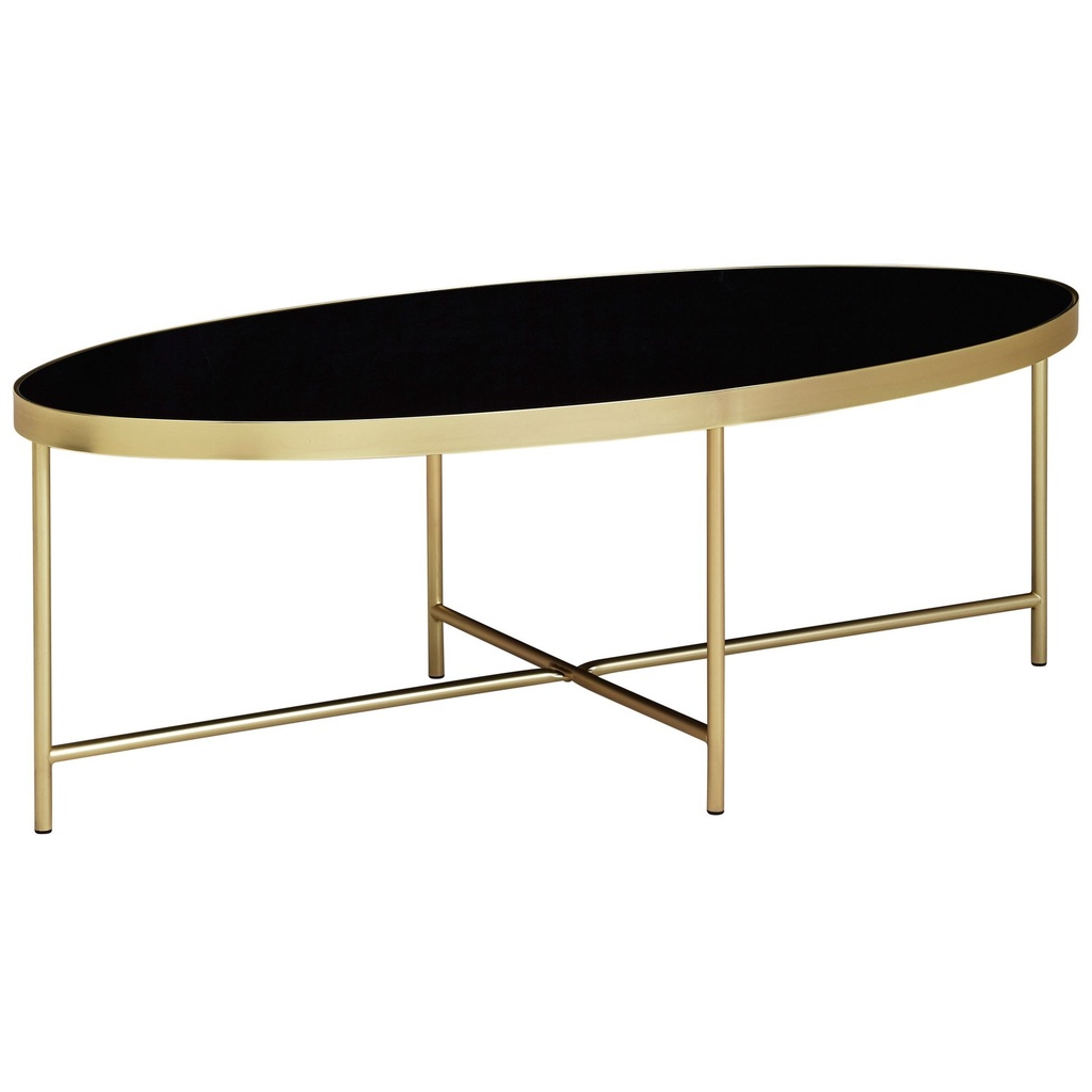 Table basse Design en verre noir - ovale 110 x 56 cm avec cadre en métal doré_06