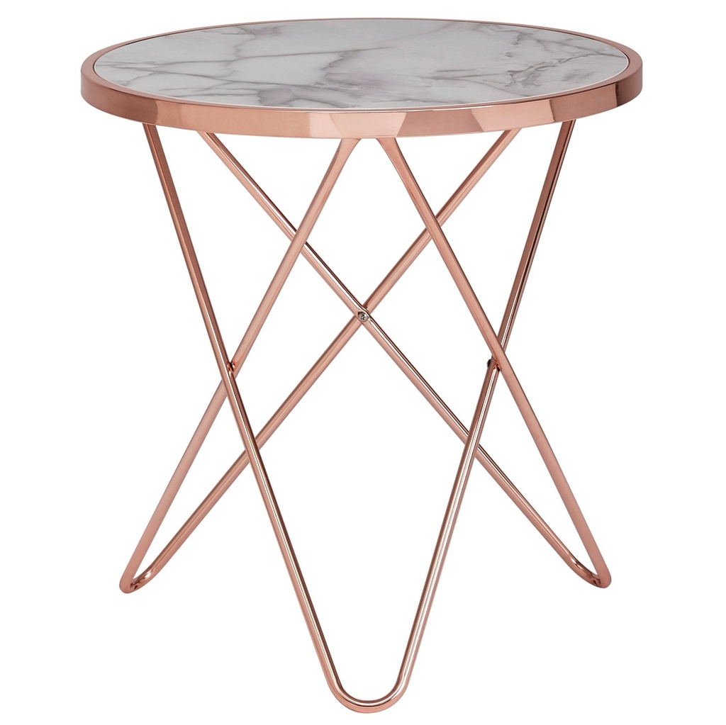 Design table d'appoint aspect marbre blanc ronde Ø55 cm structure en métal cuivré_06