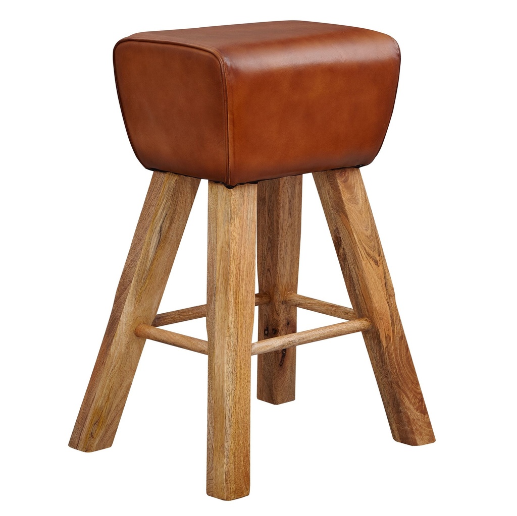 Tabouret de bar gymnastique 43 x 75 x 43 cm bois massif de manguier / cuir véritable, marron, sans dossier_06