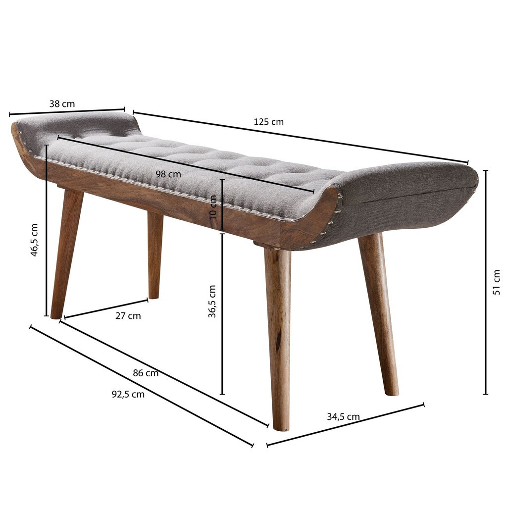 Banc en tissu / banc en bois massif gris 125x51x38 cm design Chesterfield_03