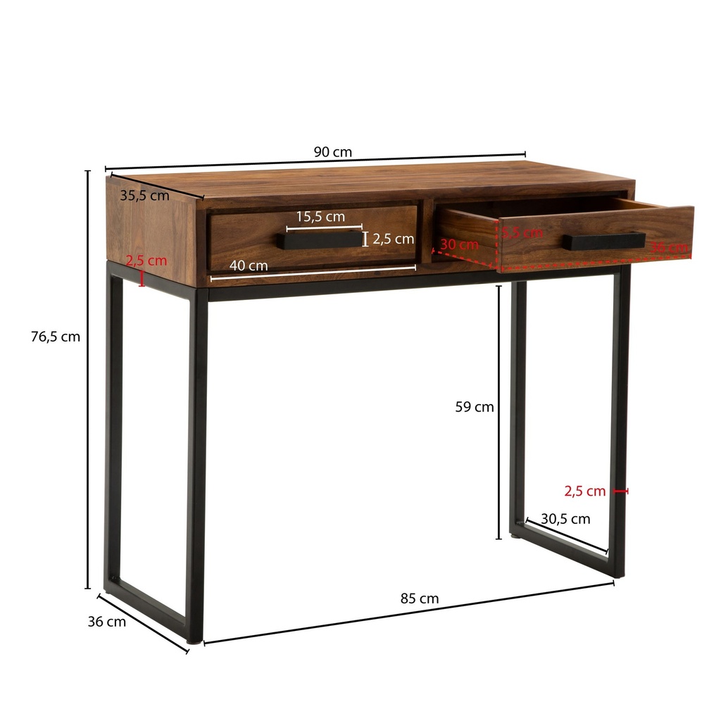 Table console Sheesham bois massif / métal 90x76x36 cm, étroite, moderne_03