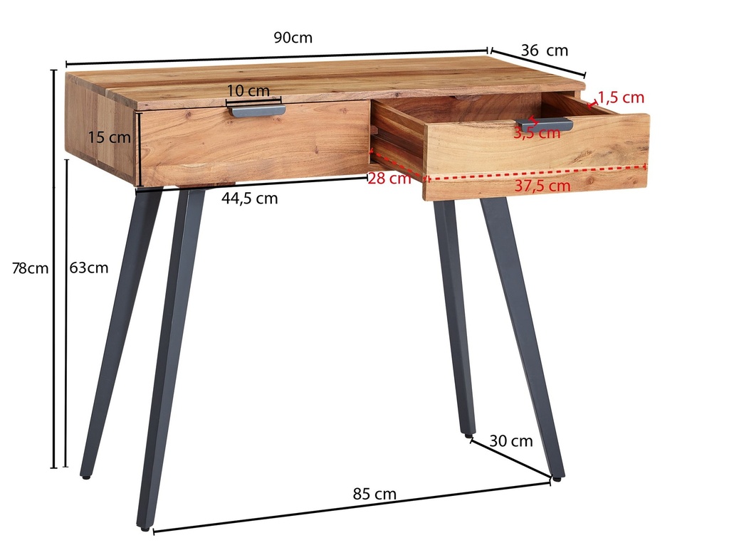 Table console 90 x 78 x 36 cm console en bois d'acacia massif/métal avec tiroirs_03