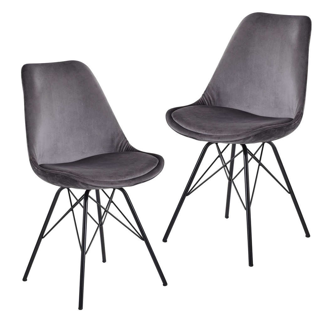 Chaise de salle à manger Wohnling, lot de 2, velours gris avec pieds noirs_01