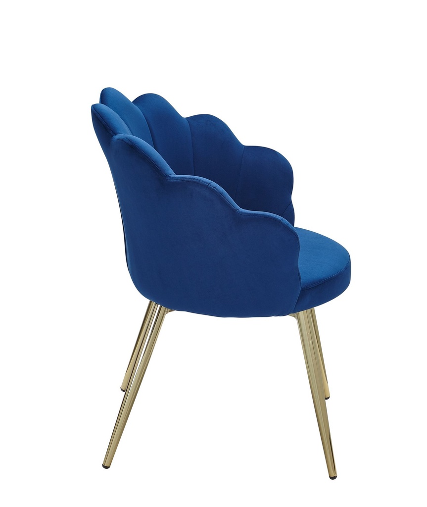 Chaise de salle à manger en velours tulipe bleu rembourrée avec pieds dorés_03