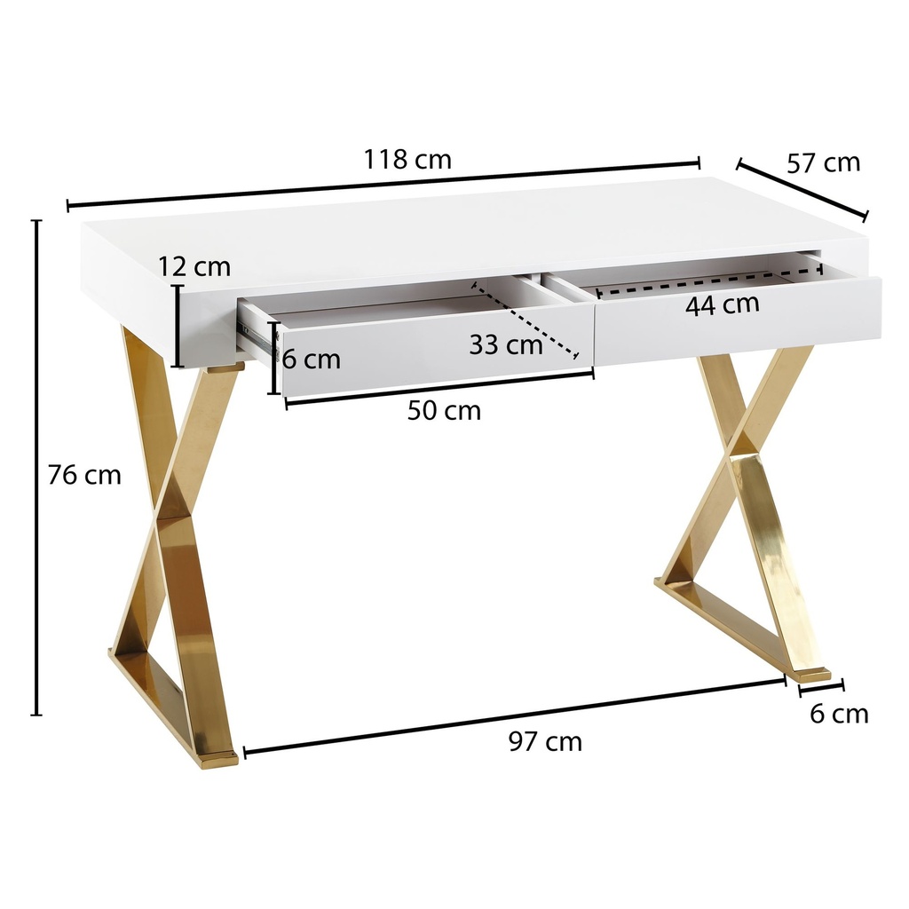 Bureau 118x76x57 cm Bois Blanc Brillant Pieds en Métal Design Doré Table d'Ordinateur Table PC Table de Bureau Moderne WL6.314_03