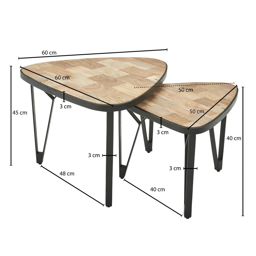 Design set de 2 tables basses en bois massif manguier/acacia, triangulaire, avec pieds en métal, 2 pièces_04