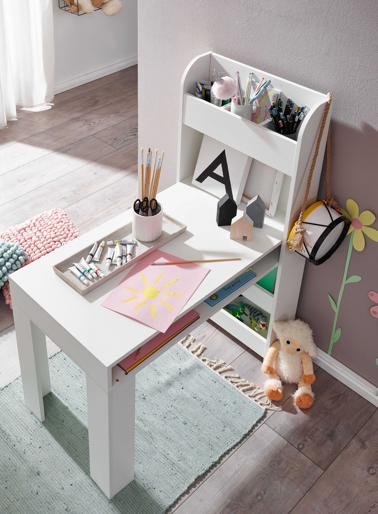 Bureau pour enfants blanc 90x50x110 cm table à peindre chambre d'enfant avec étagère, table pour enfants moderne, bureau d'étudiant avec espace de rangement_04