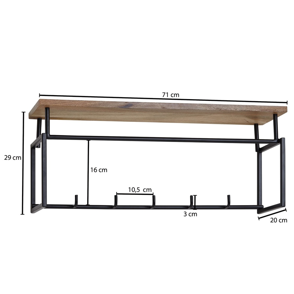 Design Porte-manteau mural en bois massif de manguier et métal 71 x 29 x 20 cm, porte-manteau avec étagère et tringle à vêtements, porte-manteau mural en bois de manguier_03