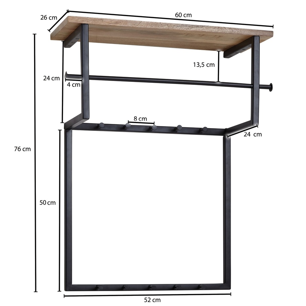 Design Porte-manteau mural en bois massif de manguier et métal 60 x 76 x 26 cm, porte-manteau avec étagère et tringle à vêtements, porte-manteau mural en bois de manguier_03