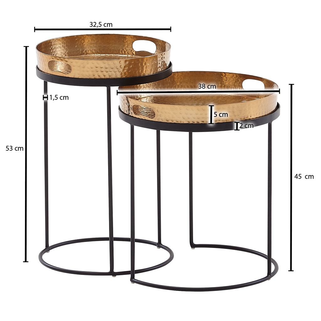 – lot de 2 tables d'appoint rondes martelées en métal doré/noir, table basse à plateau amovible_03