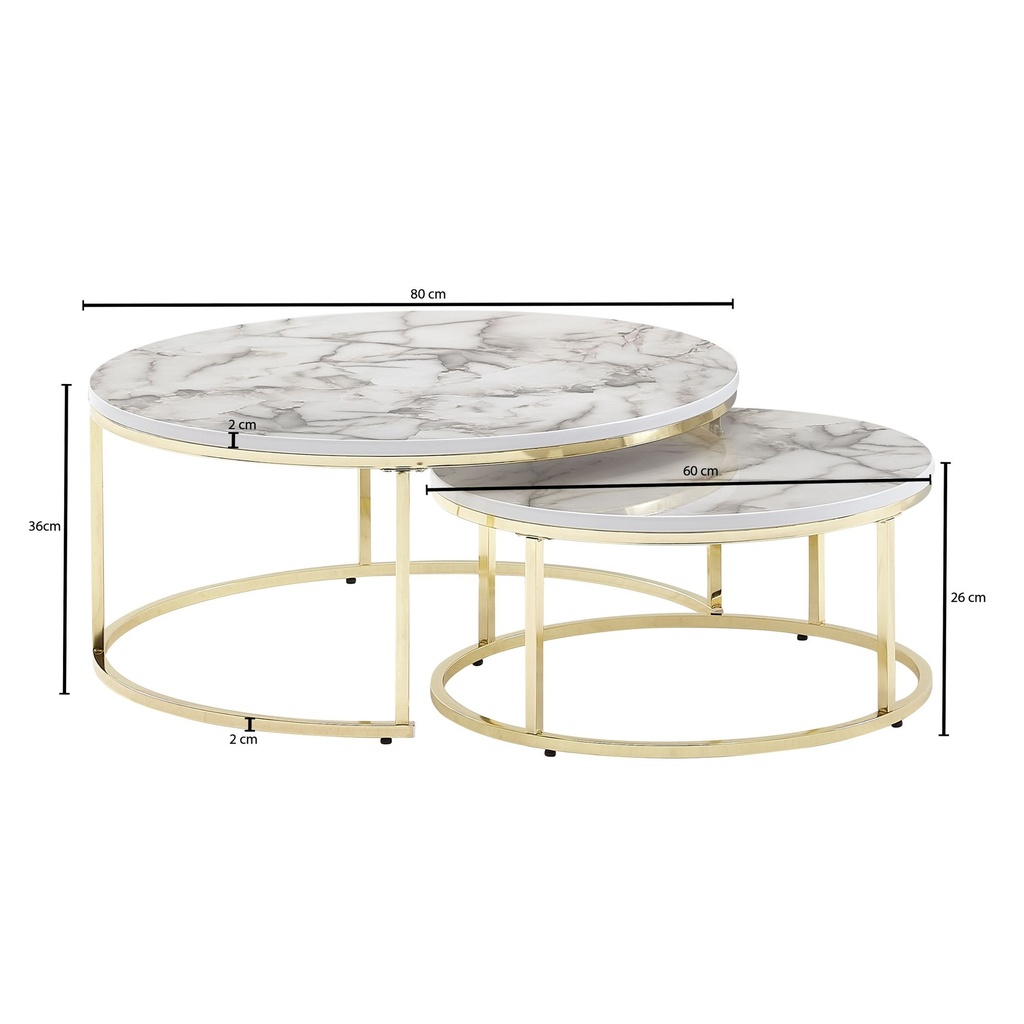 Lot de 2 tables basses rondes modernes aspect marbre blanc doré, tables basses 2 pièces en métal, tables rondes de salon, tables gigognes design_03