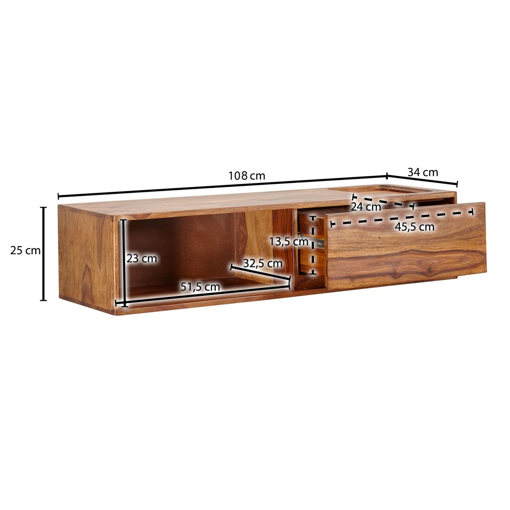 Lowboard Suspendu en Bois Massif Sheesham 108x25x34 cm Meuble TV Marron, Table TV Design avec Espace de Rangement, avec Compartiment de Rangement et Un Tiroir_03