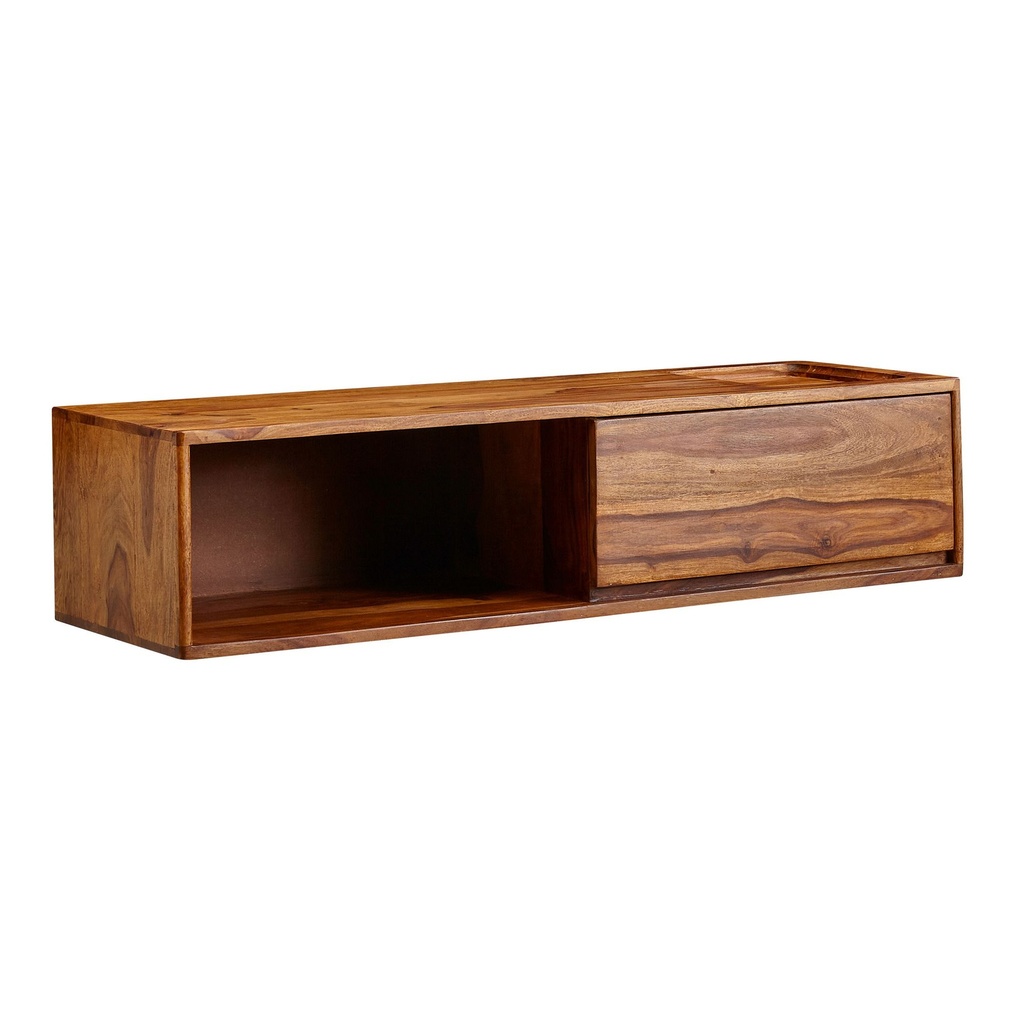 Lowboard Suspendu en Bois Massif Sheesham 108x25x34 cm Meuble TV Marron, Table TV Design avec Espace de Rangement, avec Compartiment de Rangement et Un Tiroir_06