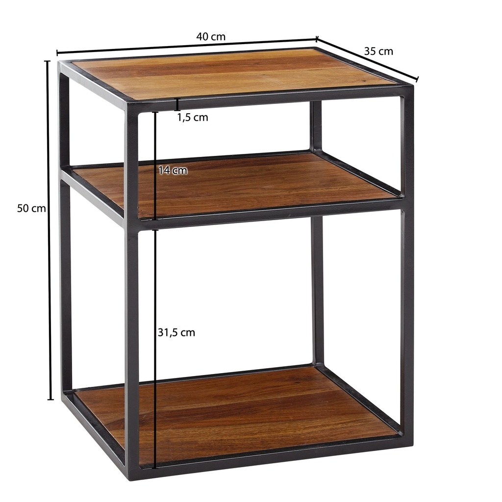 Table de chevet Sheesham bois massif / métal 40x50x35 cm table d'appoint haute, console de nuit design lit à sommier tapissier avec étagère_03