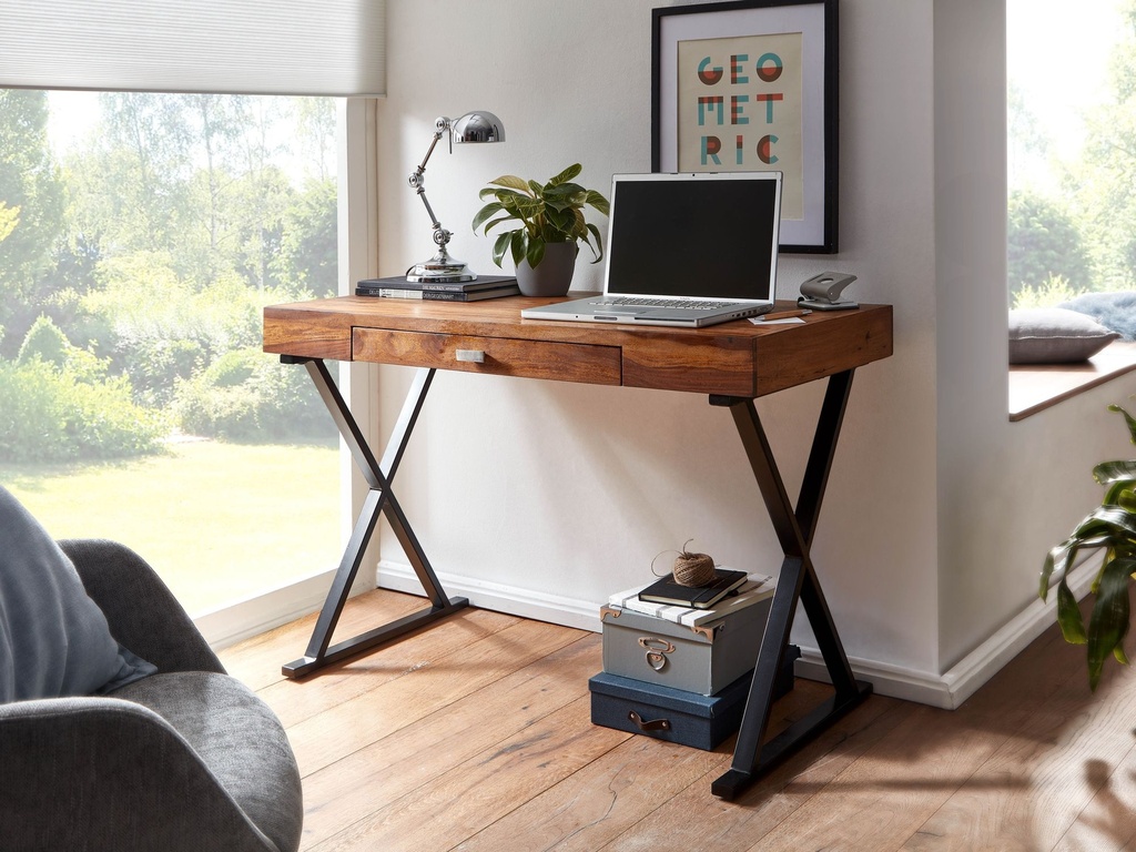 Bureau 120x55x78 cm Bois Massif Sheesham/Métal Noir, Table de Bureau Design avec Tiroir_02