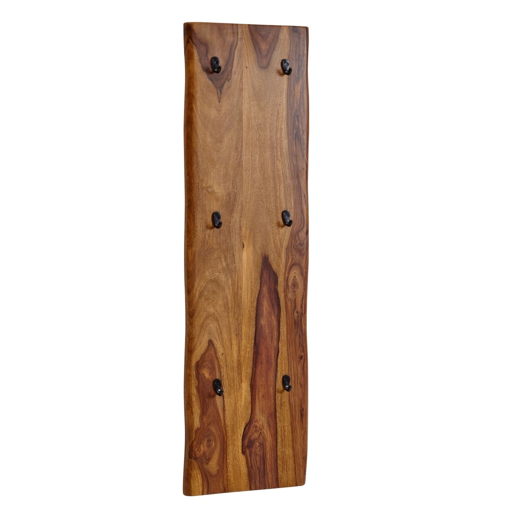 Porte-manteau mural Sheesham bois massif / métal 40x140x7 cm avec bord d'arbre, porte-manteau design porte-manteau de couloir à 2 rangées mur, porte-manteau bois_07