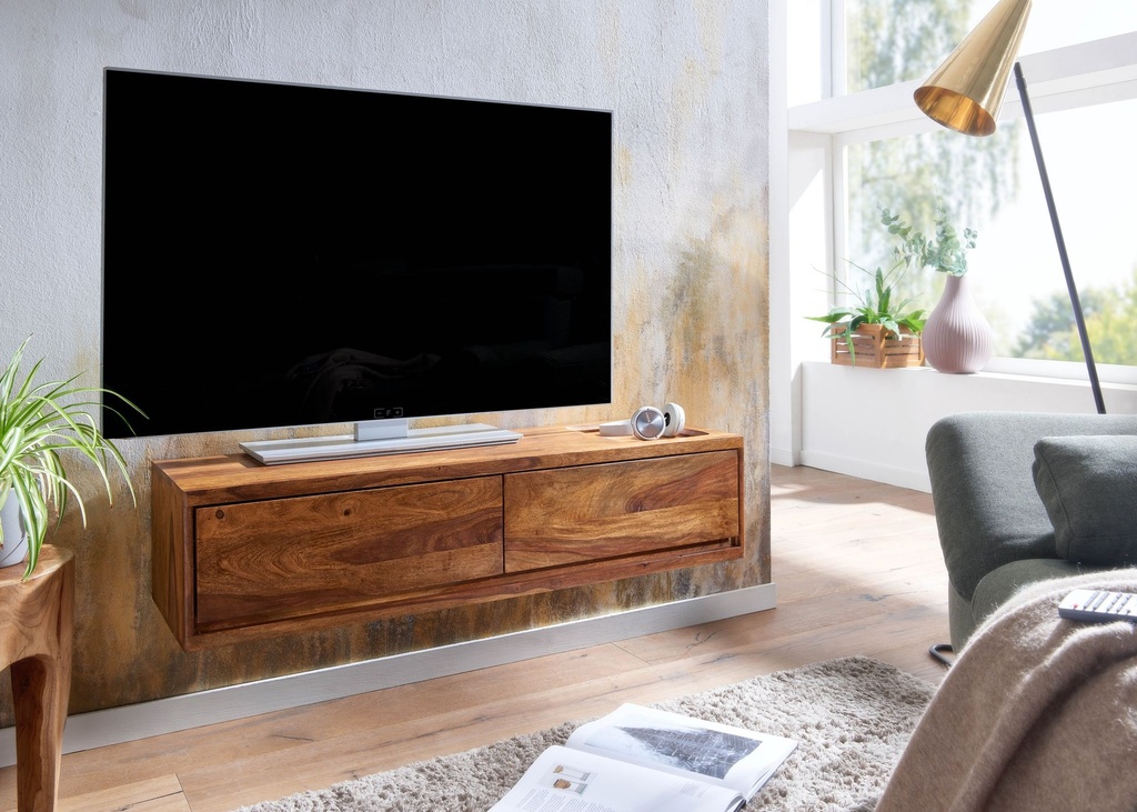 Lowboard Suspendu en Bois Massif Sheesham 108x25x34 cm Meuble TV Marron, Table TV Design avec Espace de Rangement, avec Deux tiroirs_02