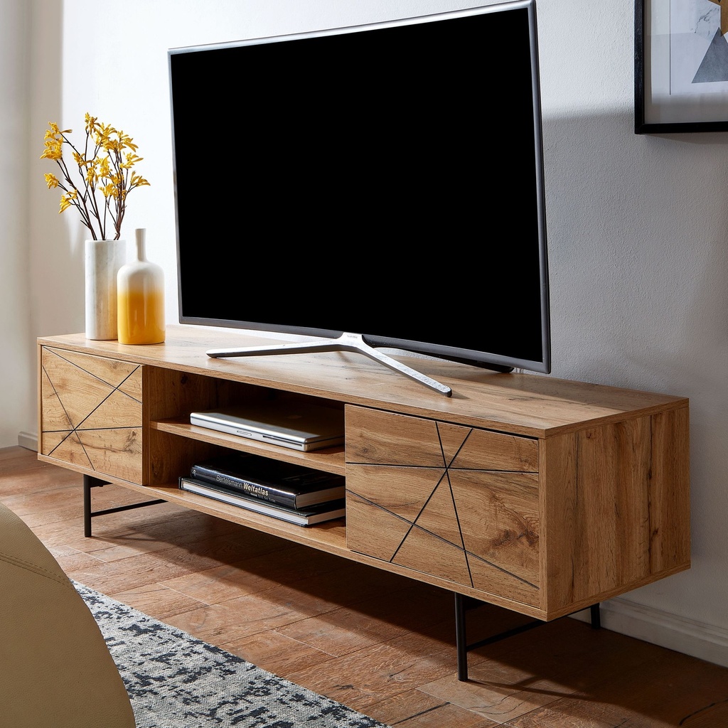 Lowboard bois décor chêne 160x45x40 cm Commode TV avec deux portes, meuble TV design haut, table TV meuble TV moderne_01