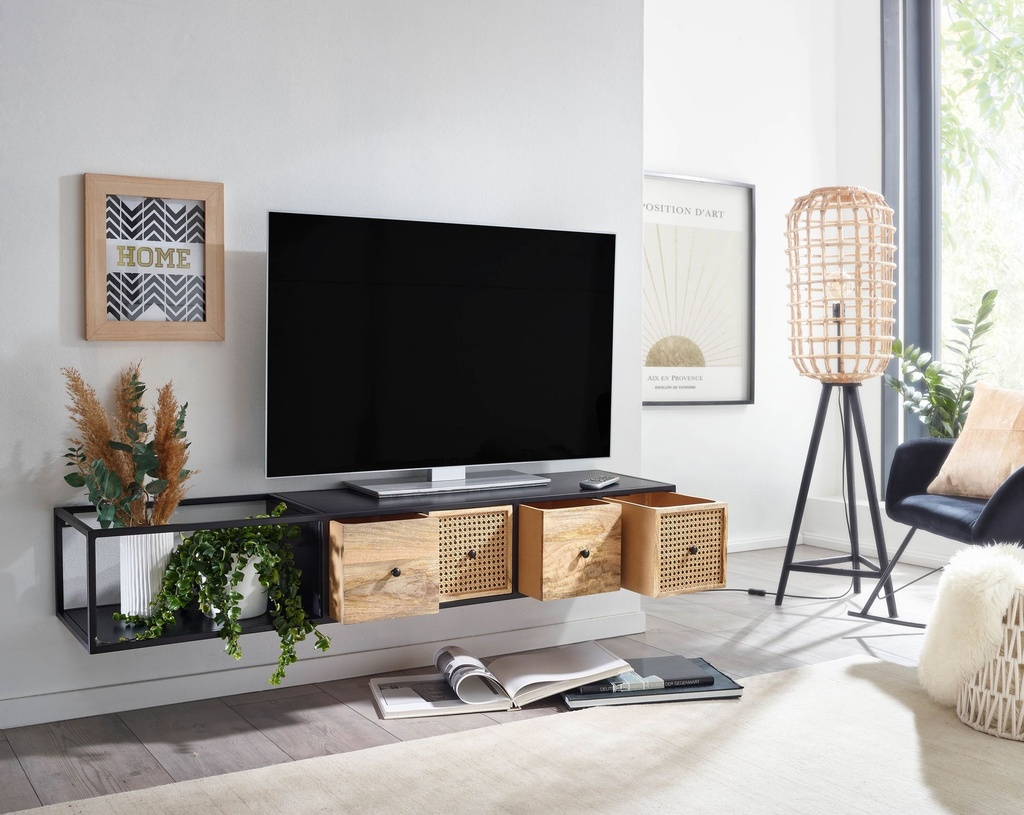 Lowboard suspendu en manguier massif/métal 150x25x35 cm meuble TV noir, table TV design tresse viennoise moderne_06