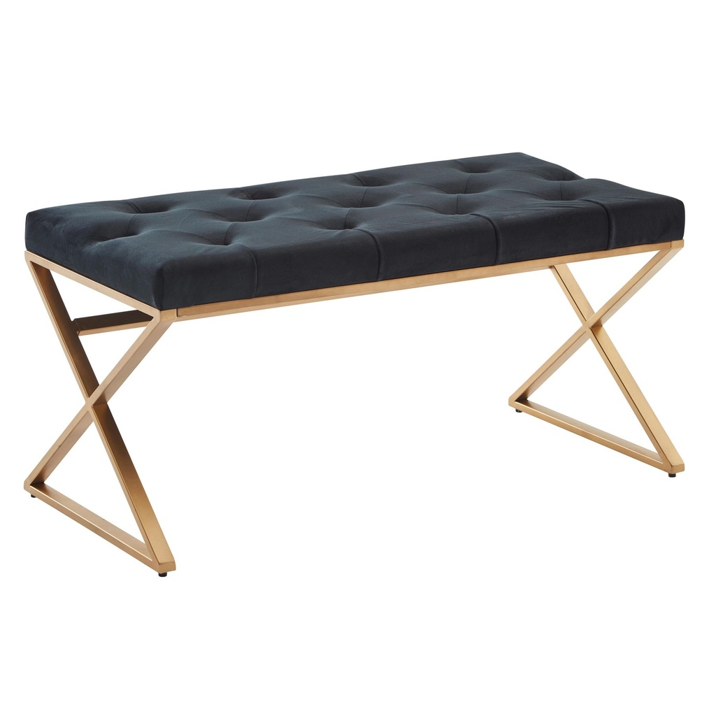 Banc en velours noir 90 x 46 x 44 cm, banc de couloir avec structure en métal, banc de lit, chambre à coucher, design Chesterfield, pieds : croisés_06