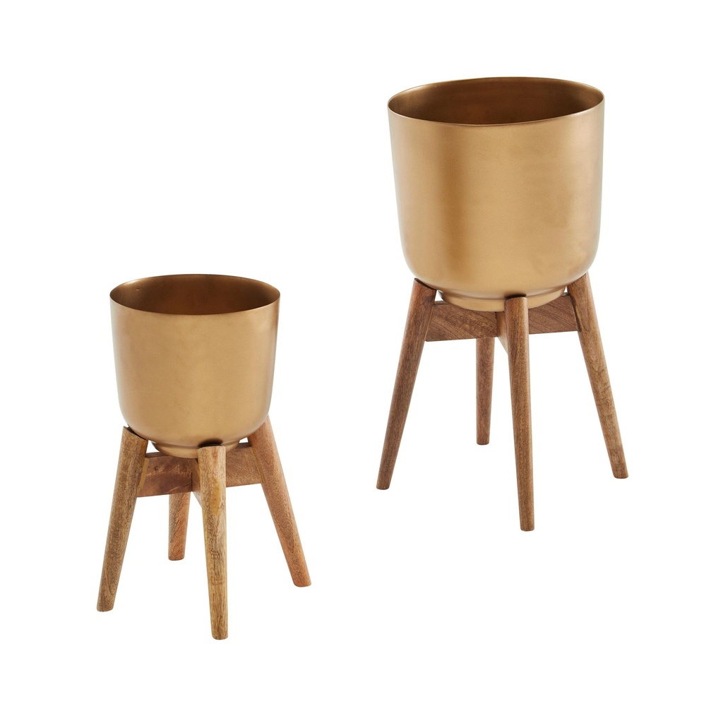 Pot de fleurs Lot de 2 pots de fleurs en métal/bois massif doré avec pieds, pot de fleurs design rond, pot de fleurs_07