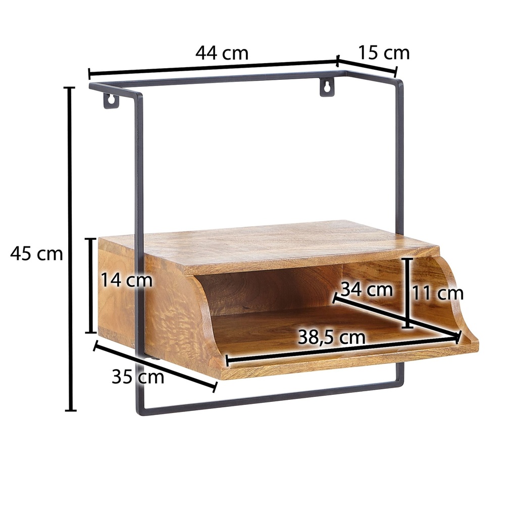 Console de nuit pour montage mural 44x45x35 cm table de chevet en bois massif de manguier, table de chevet avec étagère, étagère murale flottante pour lit à sommier tapissier_03