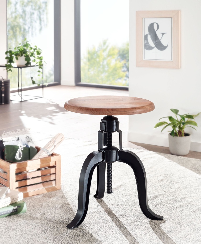 Tabouret Pivotant 39x62,5x39 cm Bois d'Acacia Massif/Métal Noir Rotatif, Tabouret Décoratif Design Réglable en Hauteur, Tabouret Sur Pied Rond Industriel_02