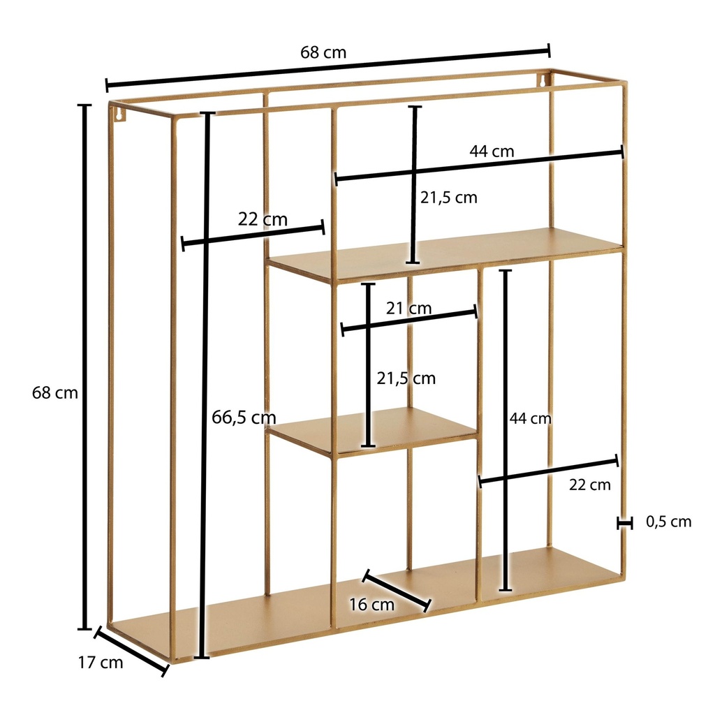 Étagère murale en fer doré, 68 x 68 x 17 cm, étagère flottante moderne, petit design, étagère flottante en métal, étagère suspendue pour salon_03