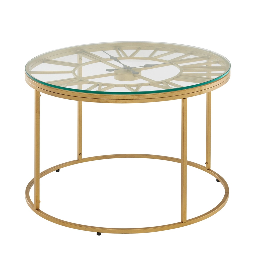 Table basse verre métal 60x60x43 cm table de canapé dorée avec horloge décorative, table de salon design ronde, petite table basse moderne_06