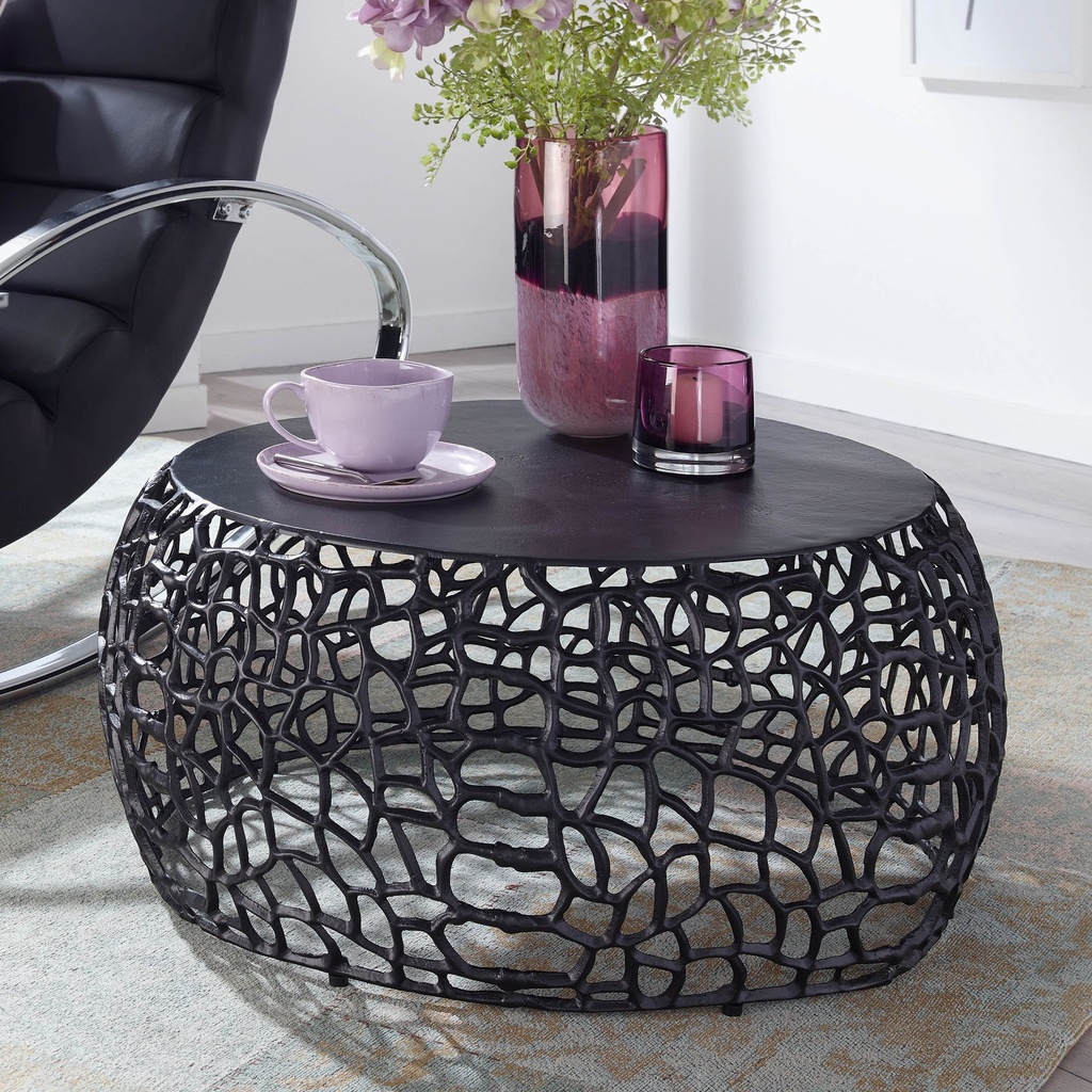 Table basse métal noir 66x66x30 cm table de canapé ronde en aluminium, table de salon design avec structure en branches, petite table basse moderne_01