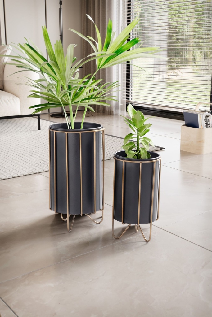 Pot de fleurs lot de 2 pots de fleurs en métal noir/or avec pieds, pot de fleurs design rond, avec pieds en épingle à cheveux_02