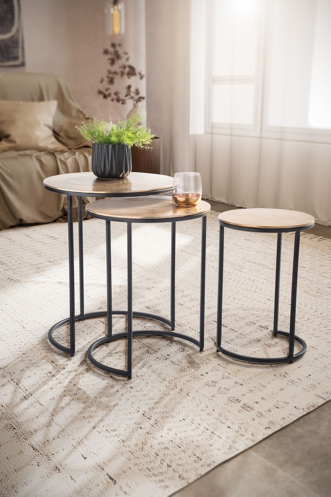 Tables d'appoint lot de 3 tables gigognes design aluminium or/noir rondes en métal, table d'appoint moderne, tables gigognes_02