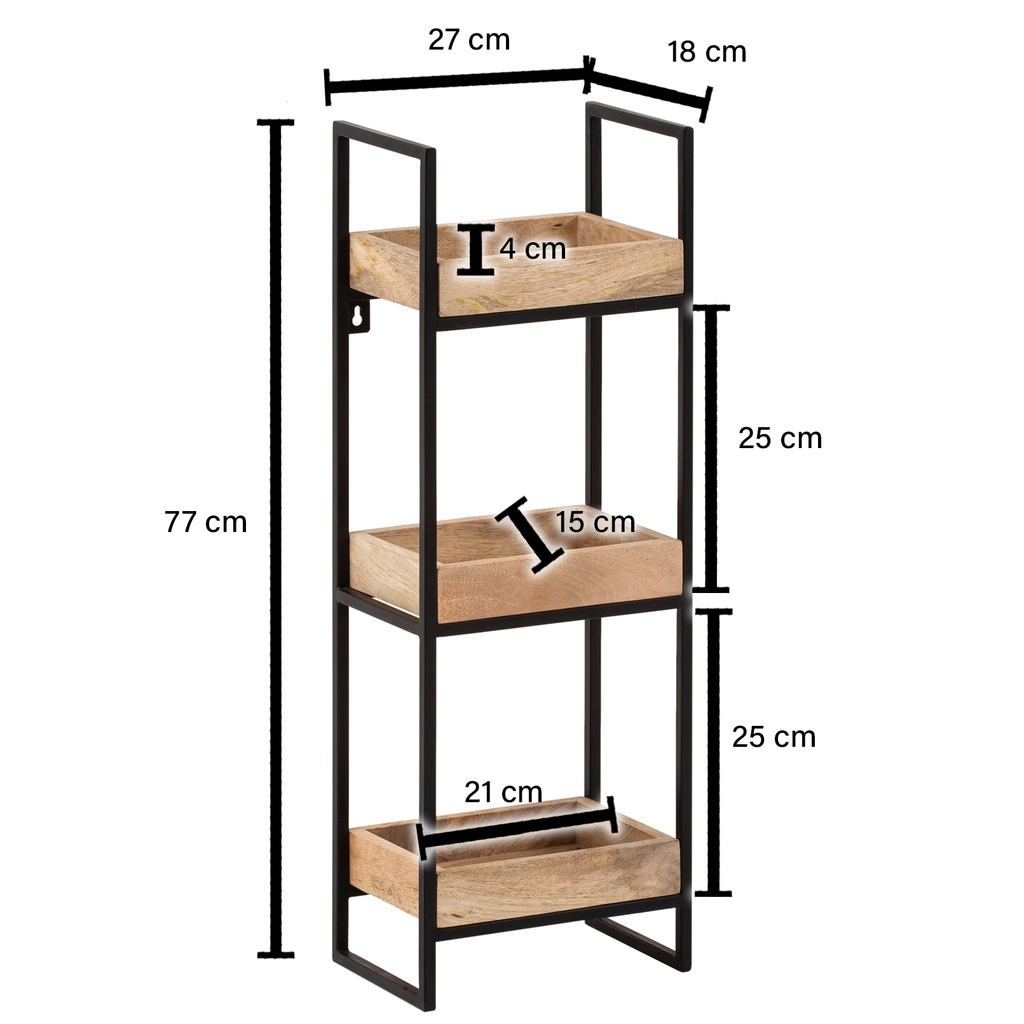 Etagère Murale 27x77x18 cm Étagère Suspendue en Bois Massif/Métal de Manguier Industriel, Etagère Flottante Design Rectangulaire, avec 3 Etagères & Structure en Métal_03