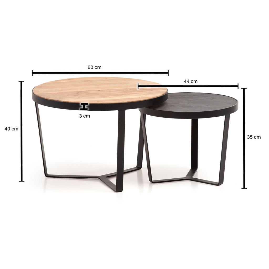 Lot de 2 tables basses en bois d'acacia massif/aspect pierre, table de salon ronde, table gigogne avec structure en métal, table basse moderne, marron/anthracite_03