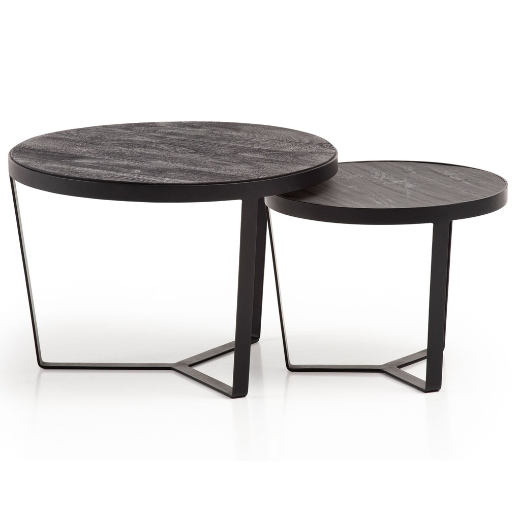 Lot de 2 tables basses en bois d'acacia massif/aspect pierre, table de salon ronde, table gigogne avec structure en métal, table basse moderne, noir/anthracite_06