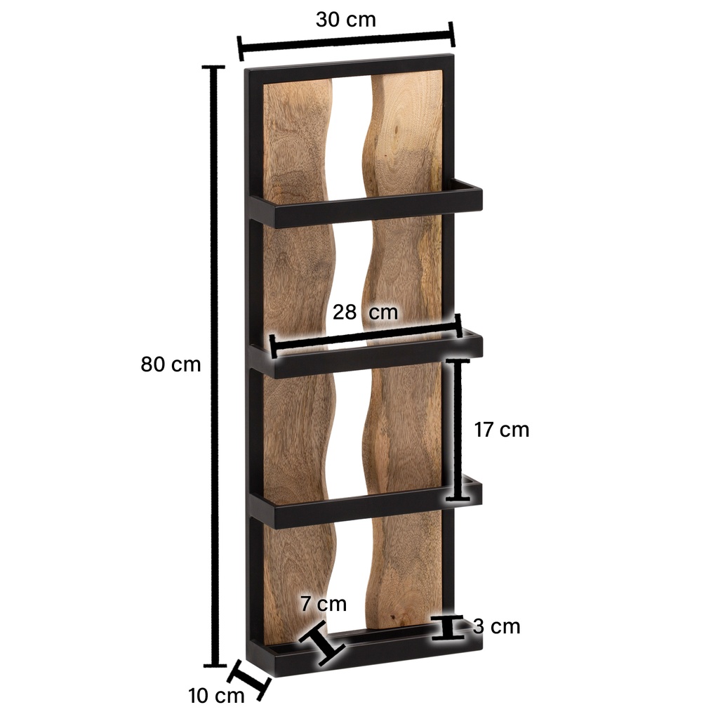 Etagère Murale 30x80x10 cm Étagère Suspendue en Bois Massif/Métal de Manguier Industriel, Etagère Flottante Design Rectangulaire, avec 4 Etagères & Motif Vague_03