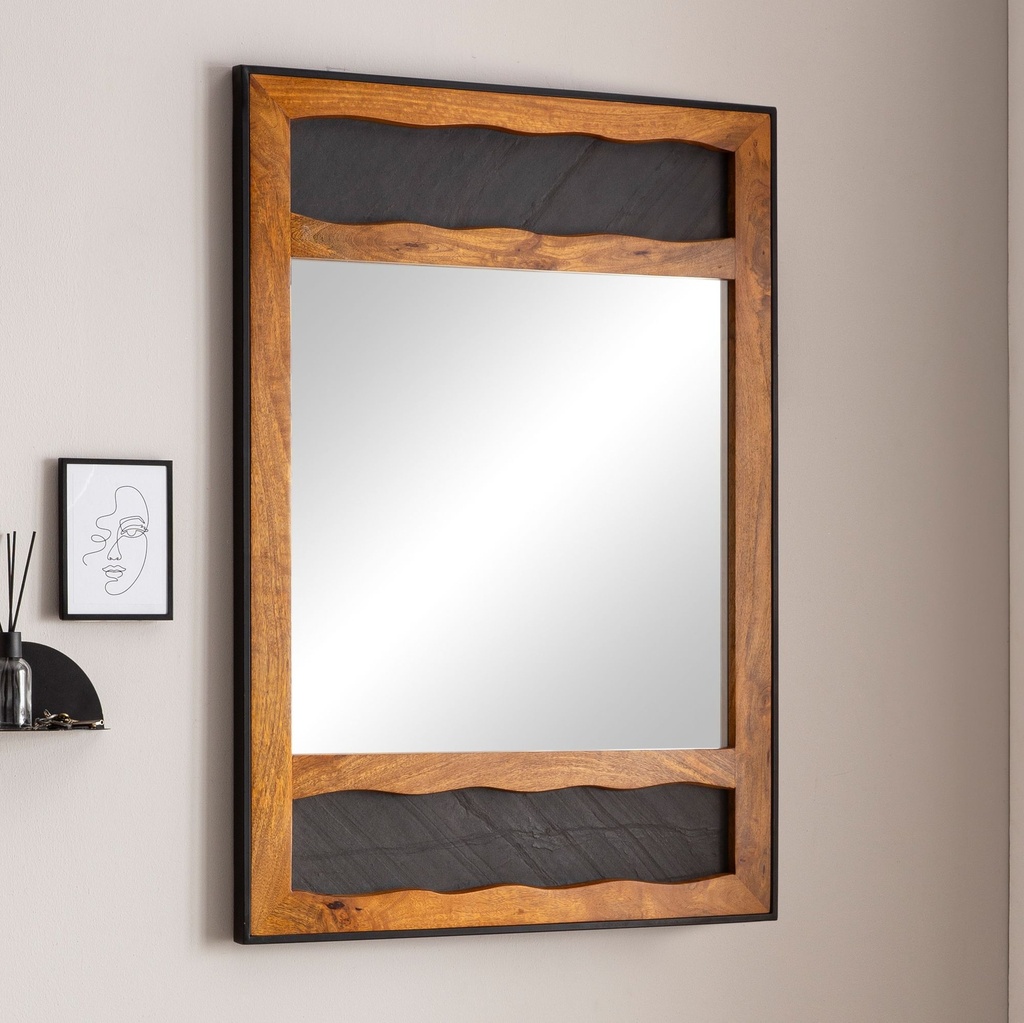 Miroir mural en bois massif de manguier et aspect pierre 72 x 102 x 3 cm Grand miroir de couloir design à suspendre avec cadre en métal horizontal et vertical_01