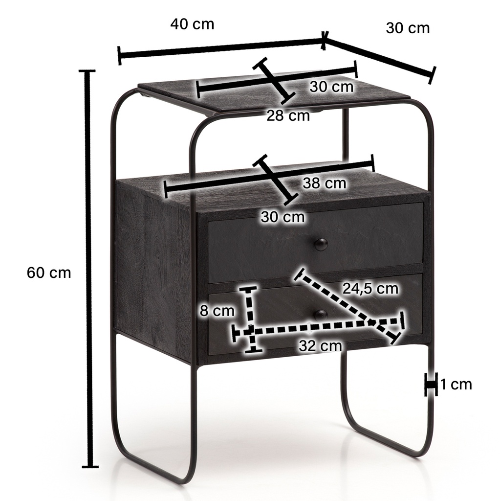 Table de chevet en bois massif de manguier / aspect pierre 40x60x30 cm lit à sommier tapissier, console de nuit industrielle noire avec 2 tiroirs et étagère_03