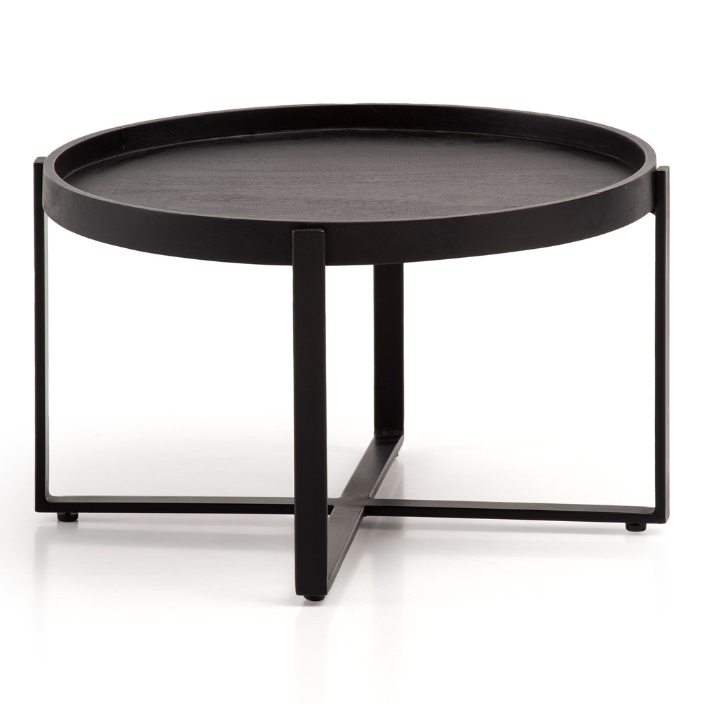 Table Basse 60x60x35 cm Bois Massif de Manguier/Métal Noir Table de Canapé Ronde, Table de Salon Design avec Bord Surélevé_06