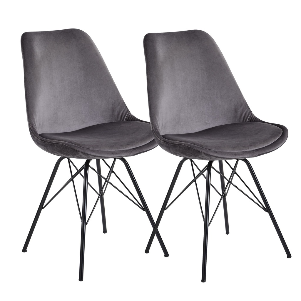 Chaise de salle à manger, lot de 2, velours gris avec pieds noirs