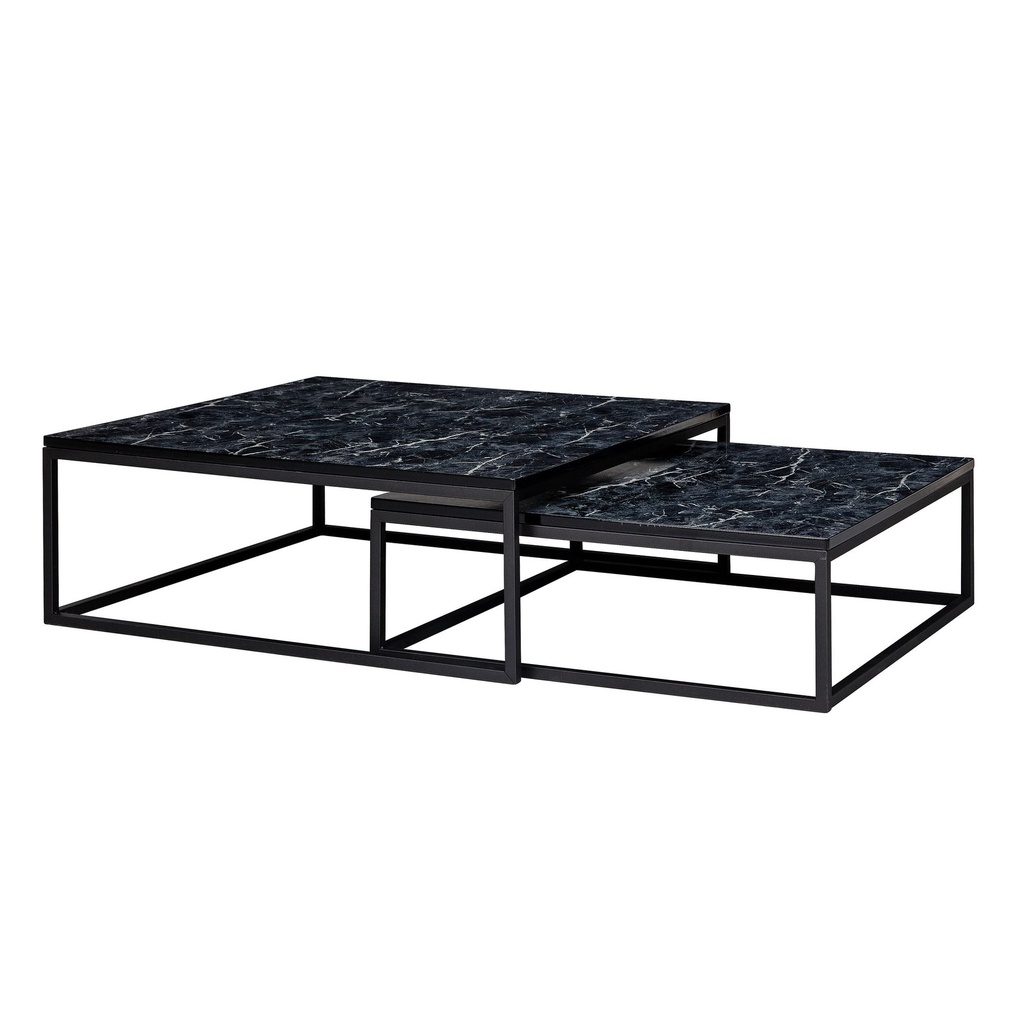 Design - Lot de 2 tables basses carrées aspect marbre noir