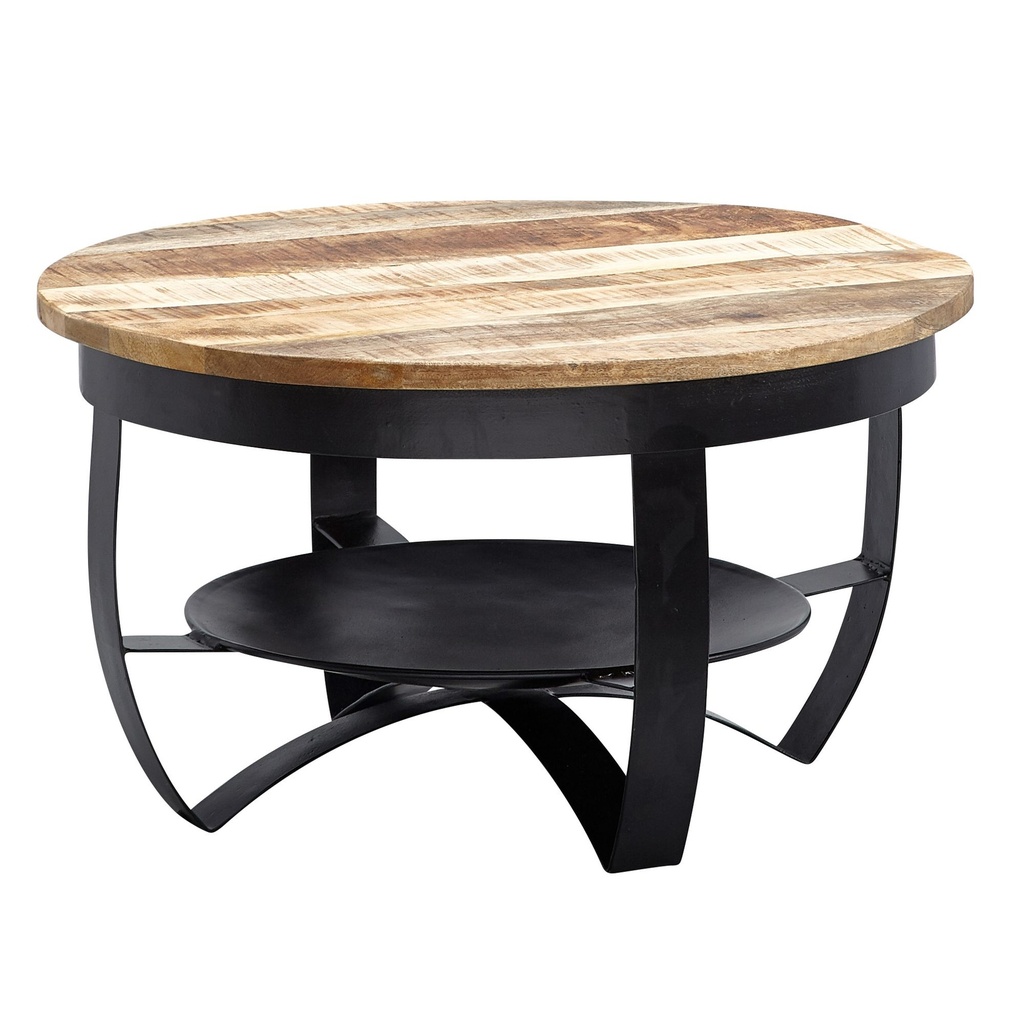 Table basse 60x34x60 cm bois massif de manguier / métal industriel noir rond, table de canapé table de salon solide