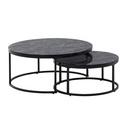 Ensemble de 2 tables basses rondes et modernes aspect marbre noir, table d'appoint 2 pièces en métal, tables de salon rondes, tables gigognes design