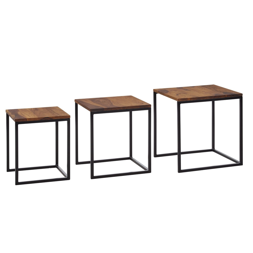 Lot de 3 tables d'appoint carrées en bois massif/métal Sheesham, design moderne, table basse 3 pièces, table de salon, gain de place WL6.520