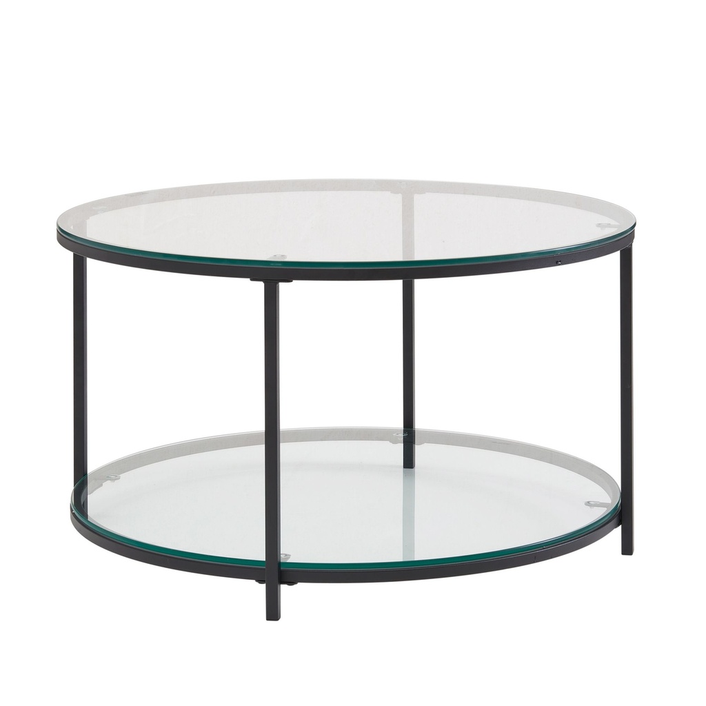 Table basse 80x80x45 cm table de salon en verre/métal ronde moderne, table de canapé avec espace de rangement, table de salon avec compartiment de rangement