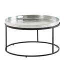 Table basse métal martelé 62x62x36 cm table de canapé aluminium argent noir, table de salon design plateau amovible rond